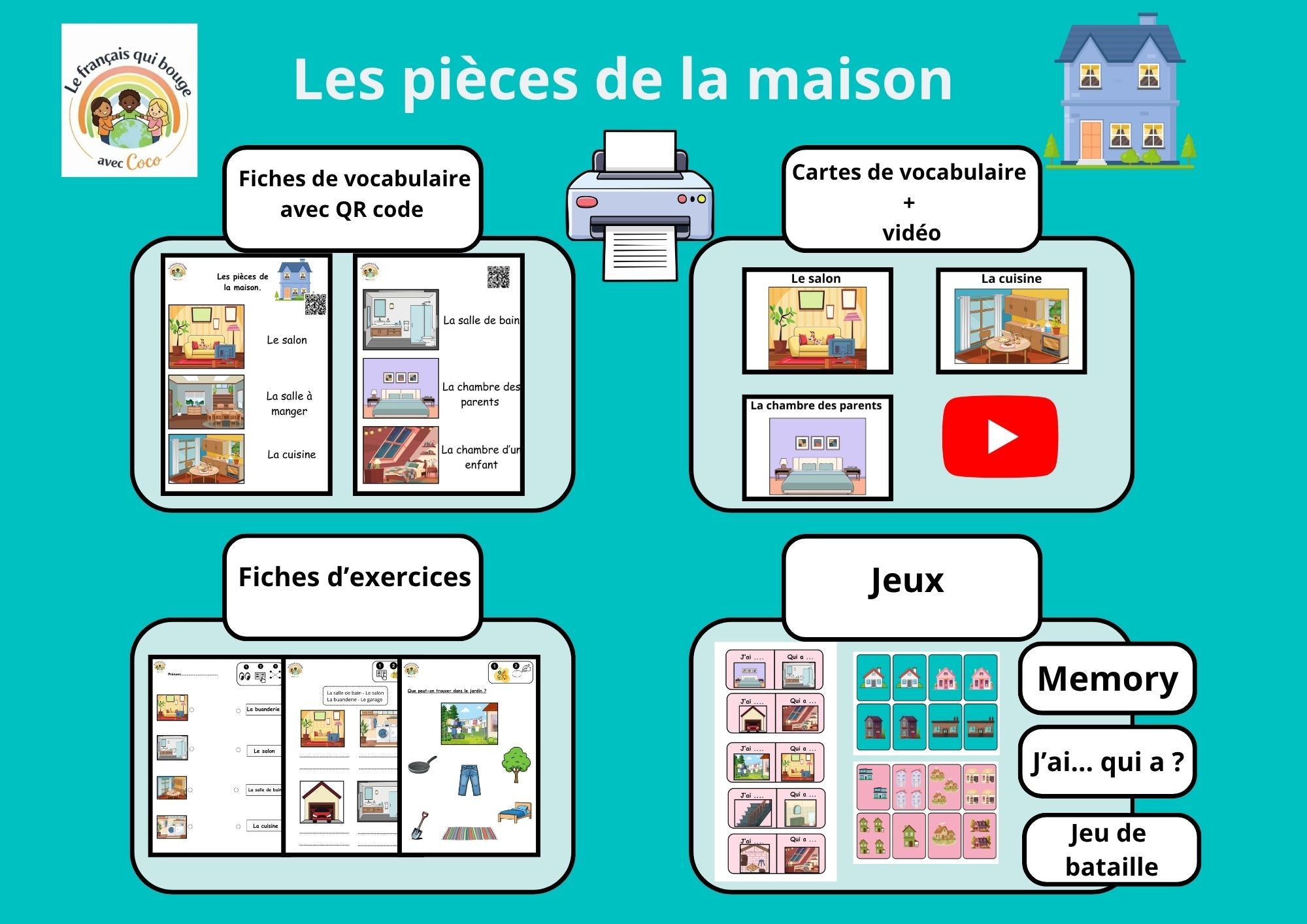 Pack : les pièces de la maison (flashcards + exercices)