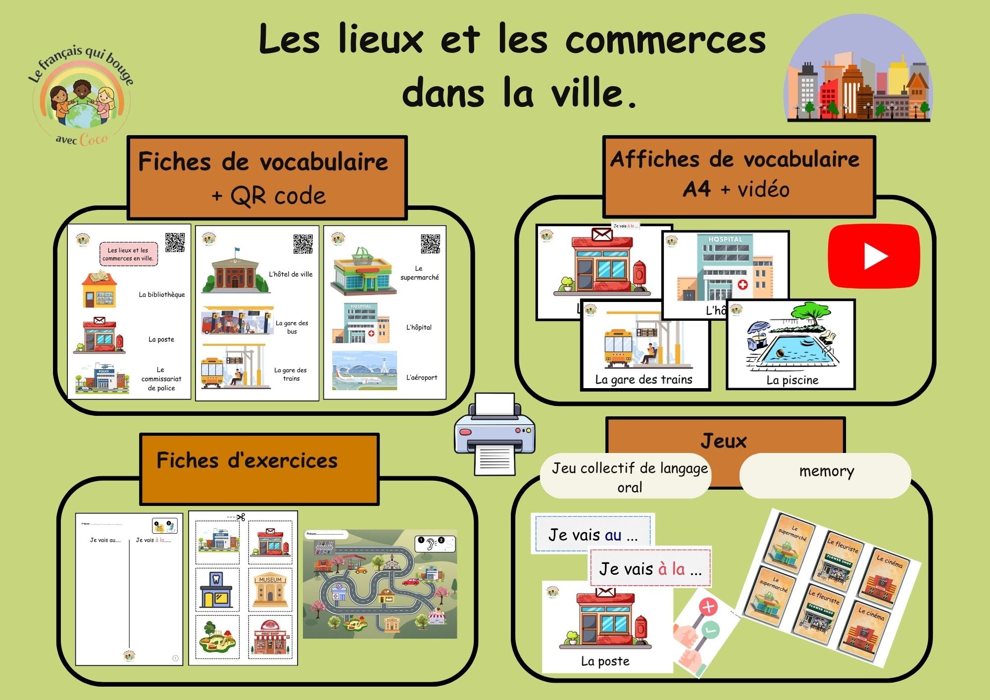 Pack : Les lieux et commerces en ville (flashcards + exercices)